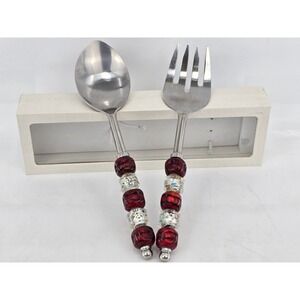 Wild Eye Designs Red And Silver Clear Beaded Salad‎ Server Set
